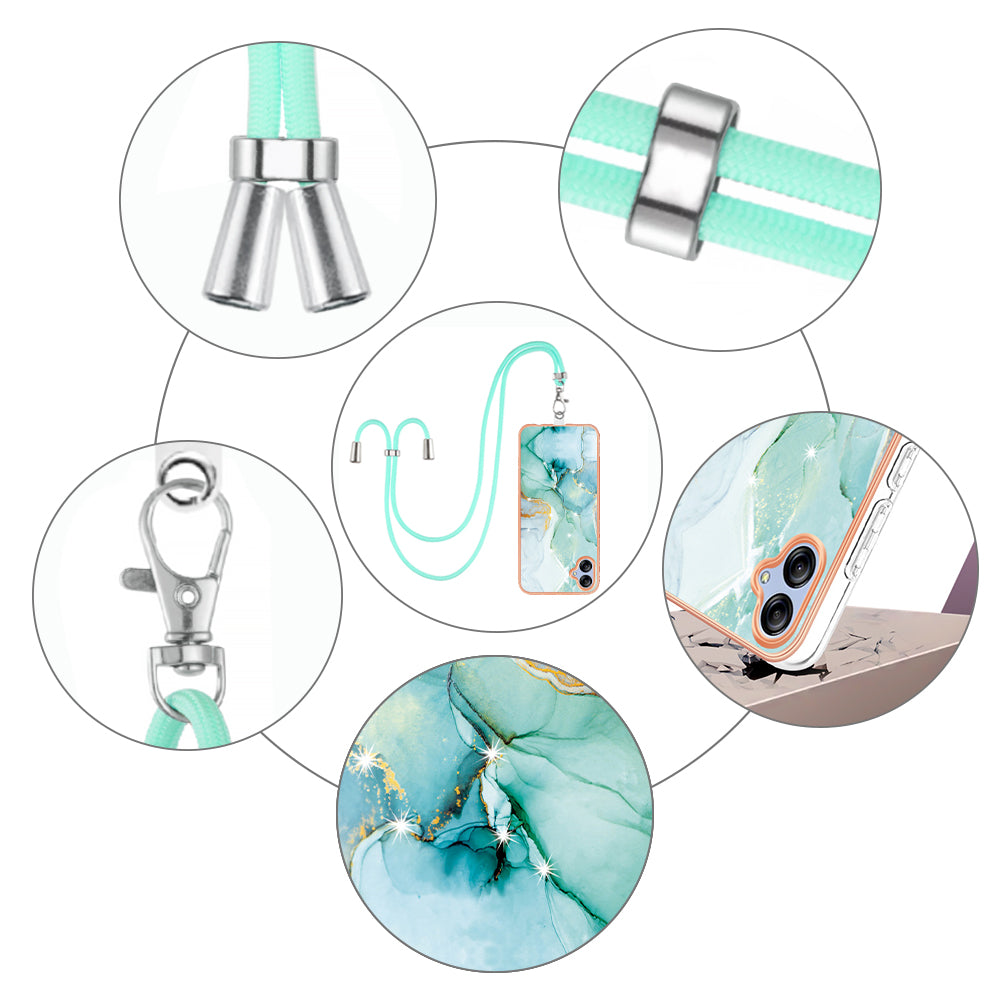 YB IMD Series-9 For Samsung Galaxy A04e / F04 / M04 4G Marble Pattern Case Electroplated IMD TPU Cover with Lanyard - Green 003