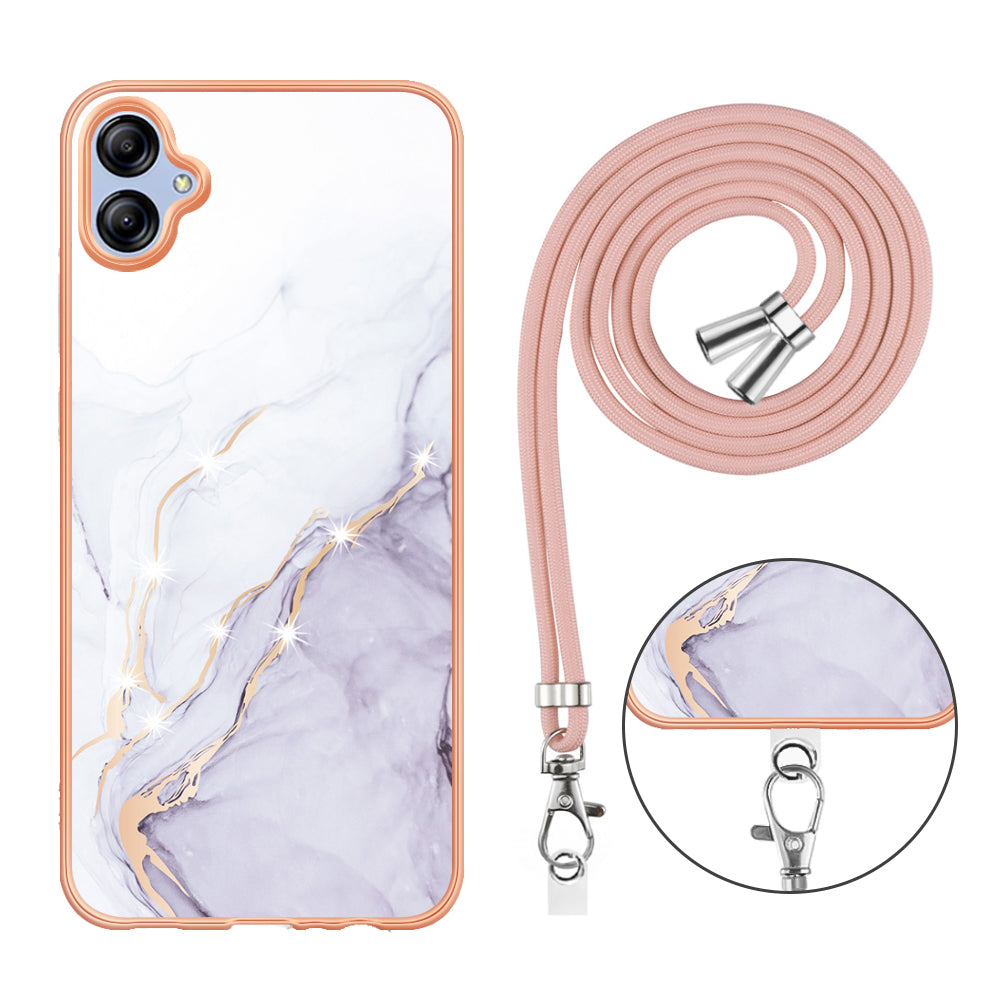 YB IMD Series-9 For Samsung Galaxy A04e / F04 / M04 4G Marble Pattern Case Electroplated IMD TPU Cover with Lanyard - White 006