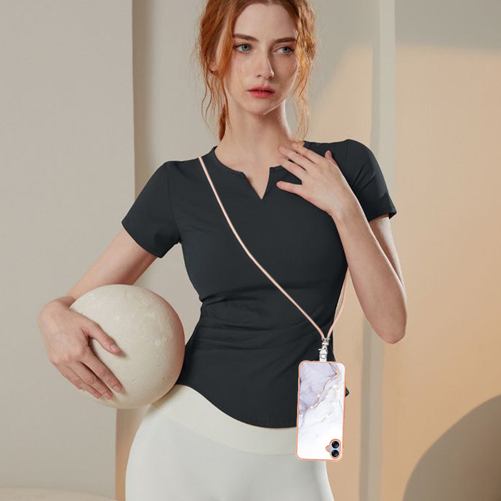YB IMD Series-9 For Samsung Galaxy A04e / F04 / M04 4G Marble Pattern Case Electroplated IMD TPU Cover with Lanyard - White 006