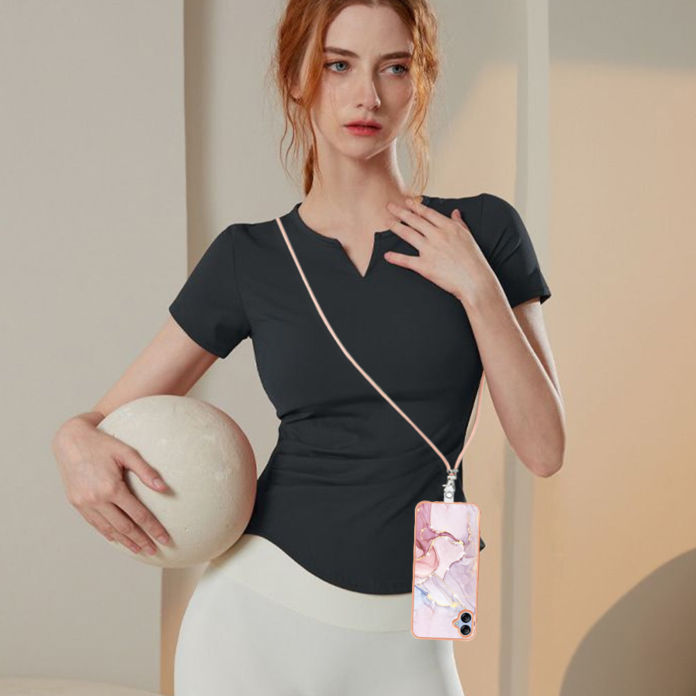 YB IMD Series-9 For Samsung Galaxy A04e / F04 / M04 4G Marble Pattern Case Electroplated IMD TPU Cover with Lanyard - Rose Gold 005