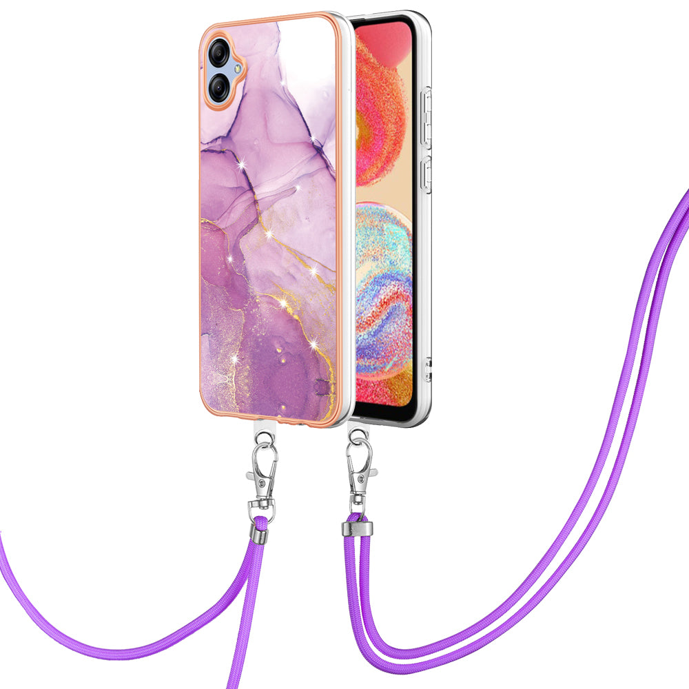 YB IMD Series-9 For Samsung Galaxy A04e / F04 / M04 4G Marble Pattern Case Electroplated IMD TPU Cover with Lanyard - Purple 001