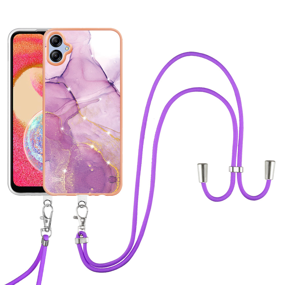 YB IMD Series-9 For Samsung Galaxy A04e / F04 / M04 4G Marble Pattern Case Electroplated IMD TPU Cover with Lanyard - Purple 001