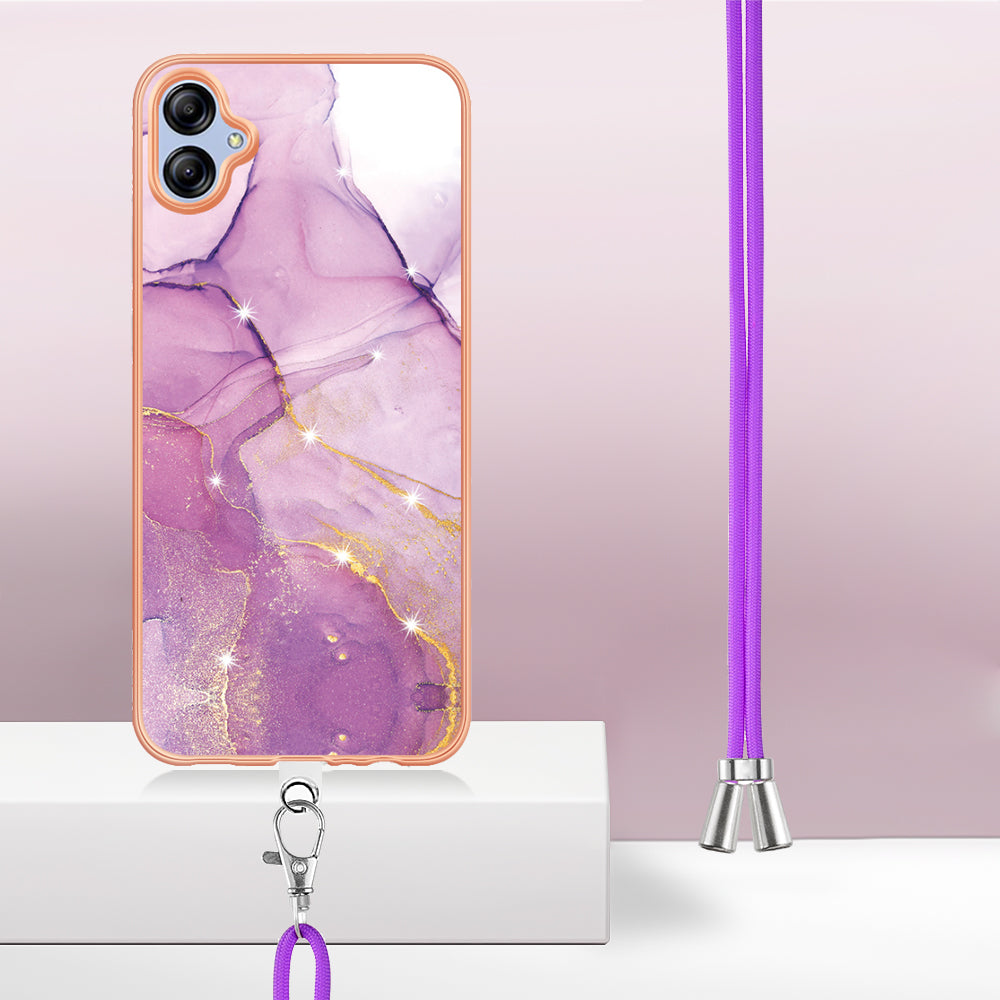 YB IMD Series-9 For Samsung Galaxy A04e / F04 / M04 4G Marble Pattern Case Electroplated IMD TPU Cover with Lanyard - Purple 001