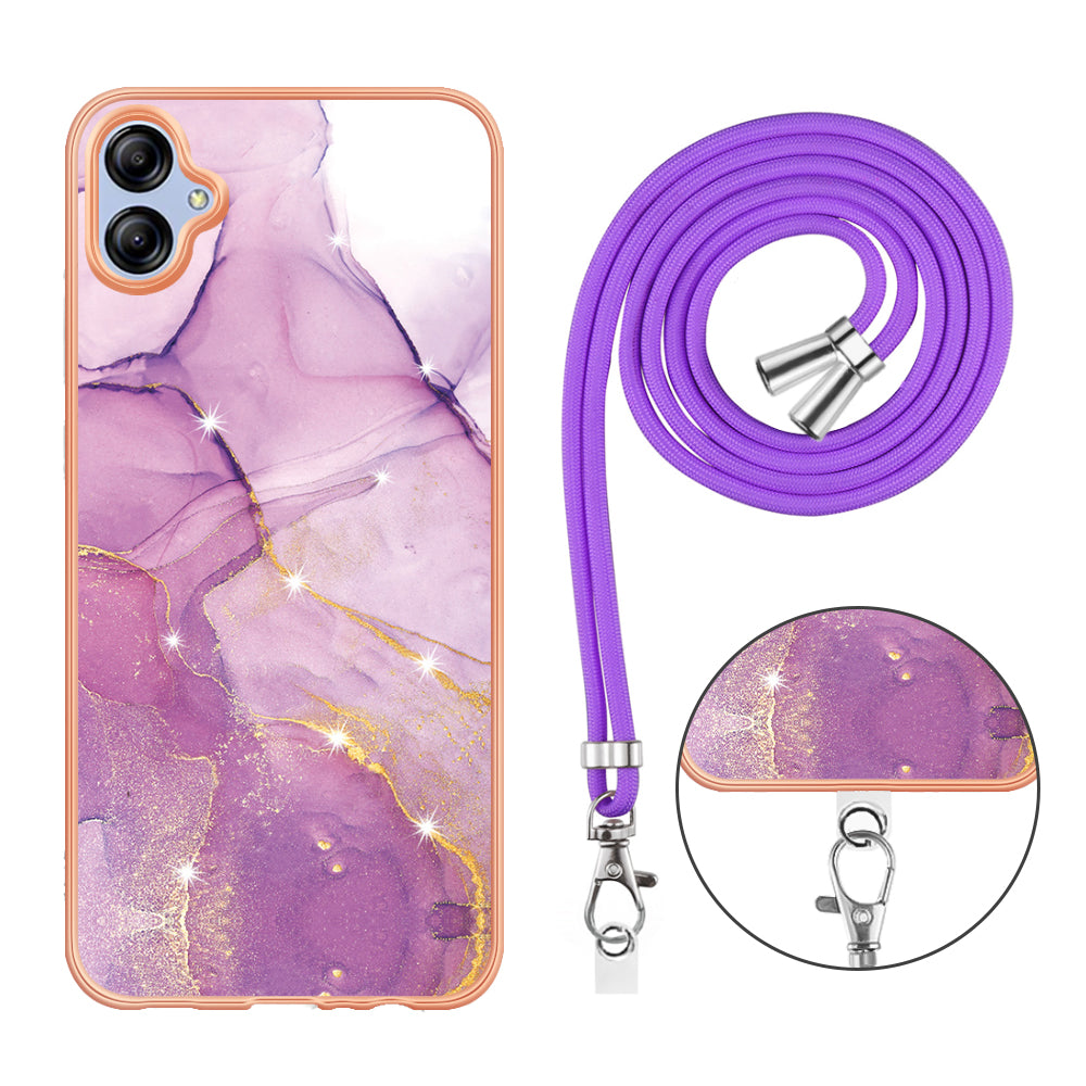 YB IMD Series-9 For Samsung Galaxy A04e / F04 / M04 4G Marble Pattern Case Electroplated IMD TPU Cover with Lanyard - Purple 001