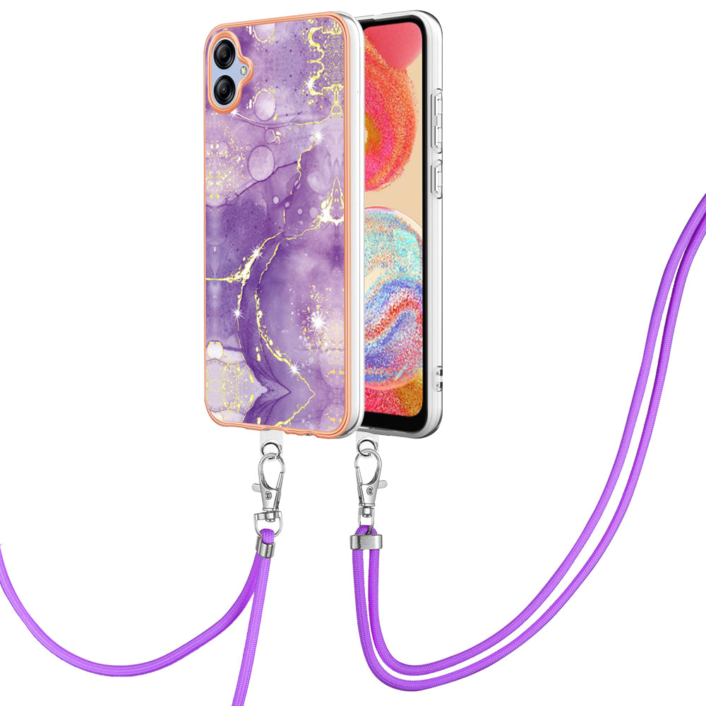 YB IMD Series-9 For Samsung Galaxy A04e / F04 / M04 4G Marble Pattern Case Electroplated IMD TPU Cover with Lanyard - Purple 002