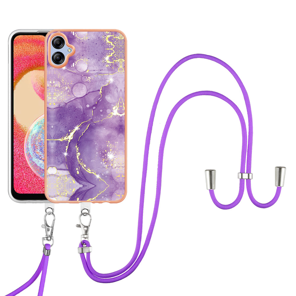 YB IMD Series-9 For Samsung Galaxy A04e / F04 / M04 4G Marble Pattern Case Electroplated IMD TPU Cover with Lanyard - Purple 002