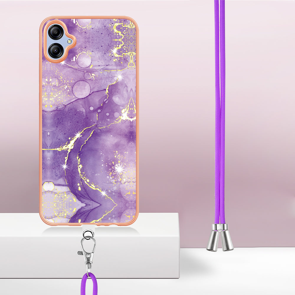 YB IMD Series-9 For Samsung Galaxy A04e / F04 / M04 4G Marble Pattern Case Electroplated IMD TPU Cover with Lanyard - Purple 002