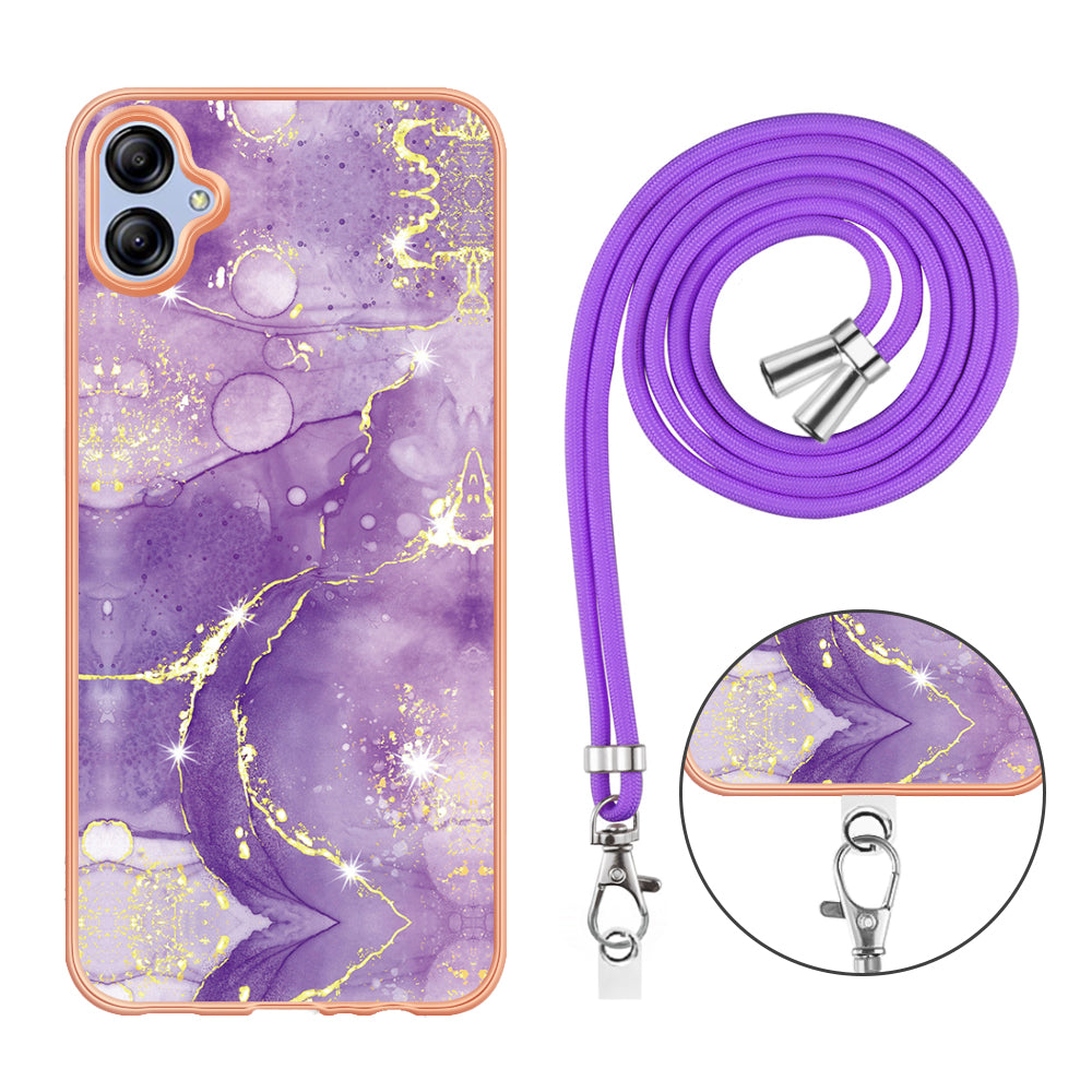 YB IMD Series-9 For Samsung Galaxy A04e / F04 / M04 4G Marble Pattern Case Electroplated IMD TPU Cover with Lanyard - Purple 002