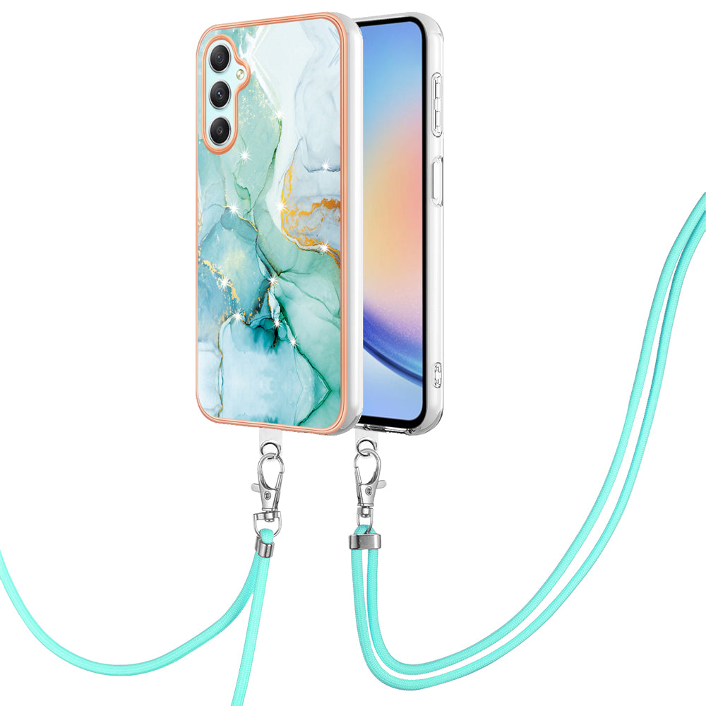 YB IMD Series-9 Marble Pattern Phone Case for Samsung Galaxy A24 4G IMD Electroplating TPU Cover with Lanyard - Green 003