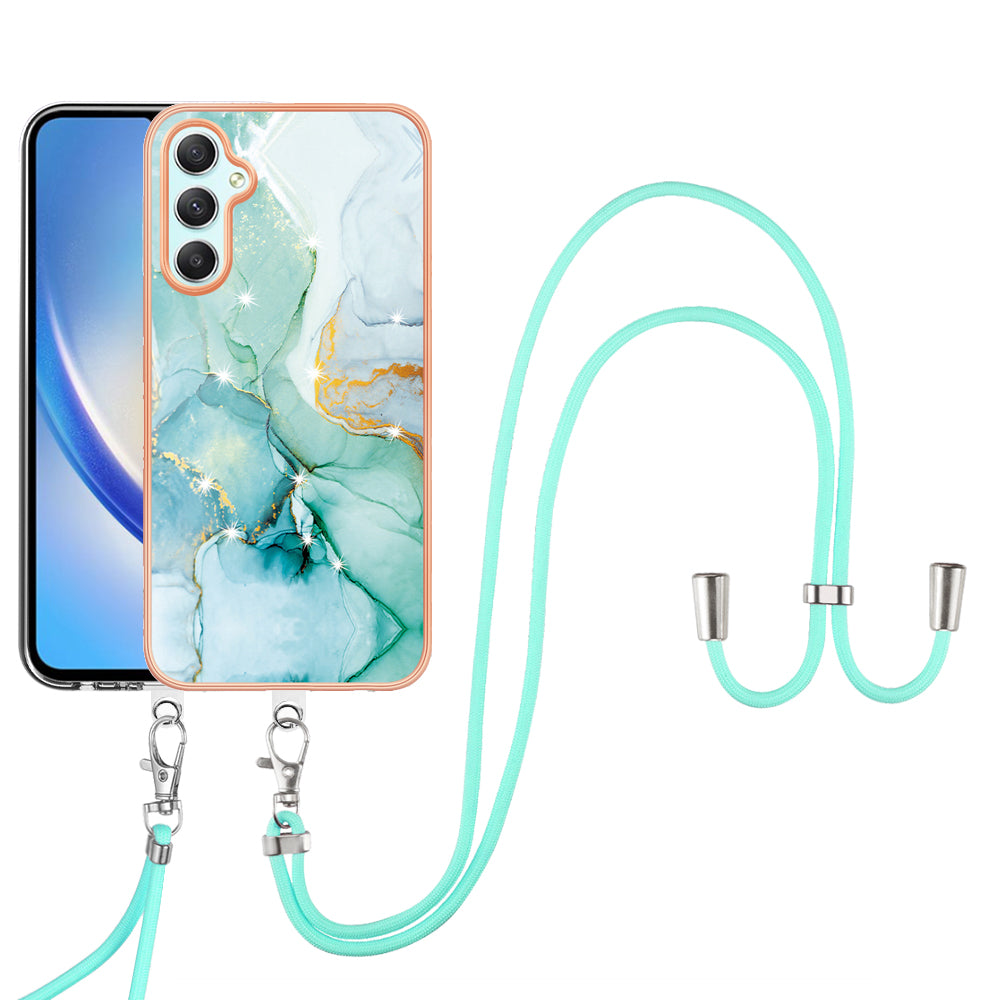 YB IMD Series-9 Marble Pattern Phone Case for Samsung Galaxy A24 4G IMD Electroplating TPU Cover with Lanyard - Green 003