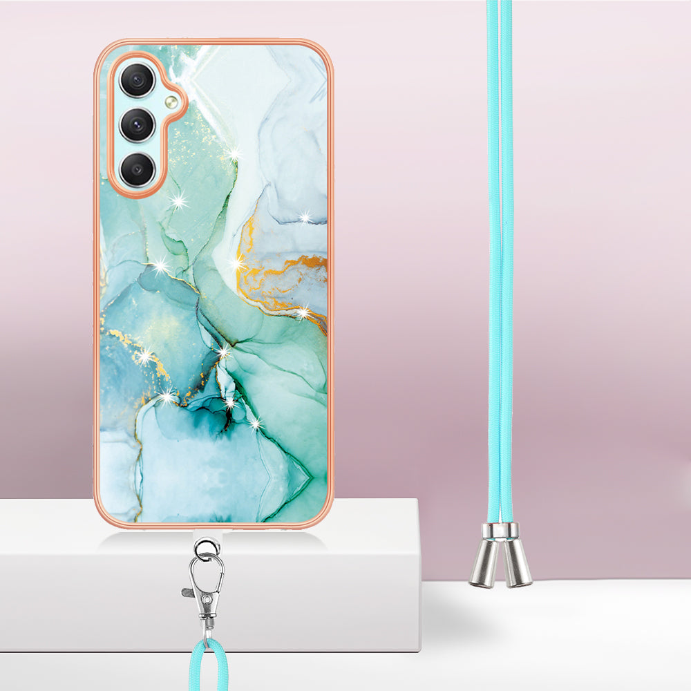 YB IMD Series-9 Marble Pattern Phone Case for Samsung Galaxy A24 4G IMD Electroplating TPU Cover with Lanyard - Green 003