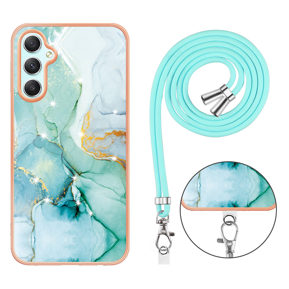 YB IMD Series-9 Marble Pattern Phone Case for Samsung Galaxy A24 4G IMD Electroplating TPU Cover with Lanyard - Green 003