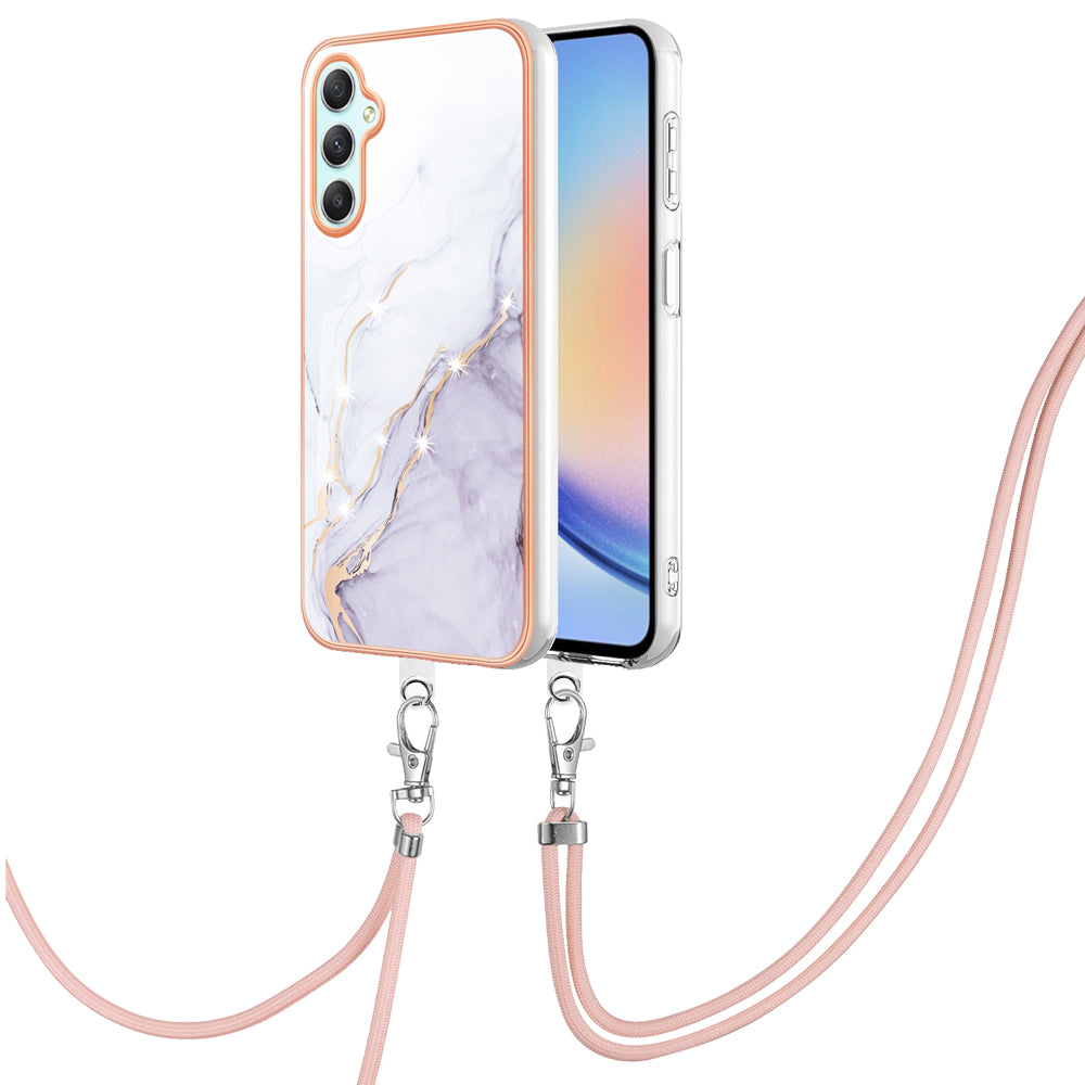 YB IMD Series-9 Marble Pattern Phone Case for Samsung Galaxy A24 4G IMD Electroplating TPU Cover with Lanyard - White 006