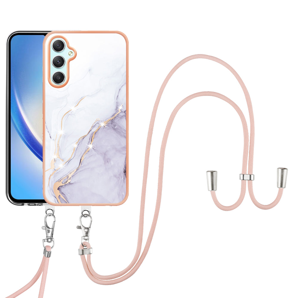YB IMD Series-9 Marble Pattern Phone Case for Samsung Galaxy A24 4G IMD Electroplating TPU Cover with Lanyard - White 006