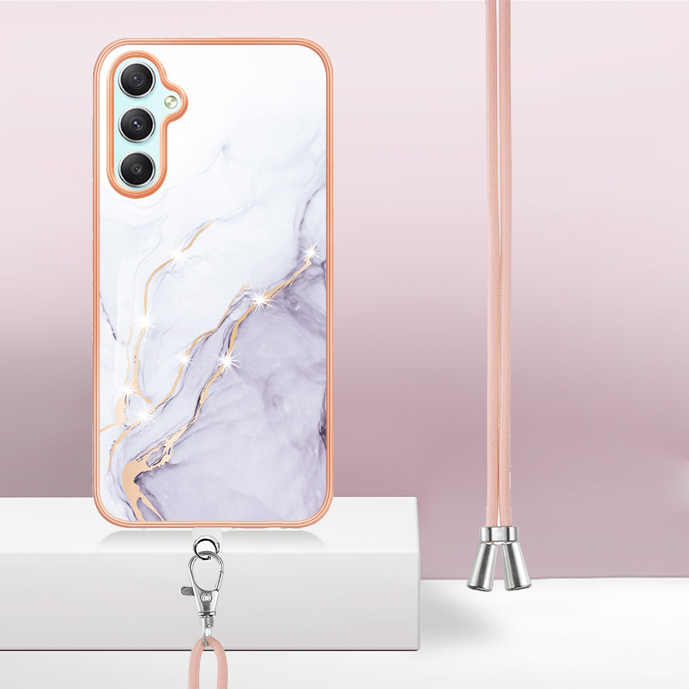 YB IMD Series-9 Marble Pattern Phone Case for Samsung Galaxy A24 4G IMD Electroplating TPU Cover with Lanyard - White 006