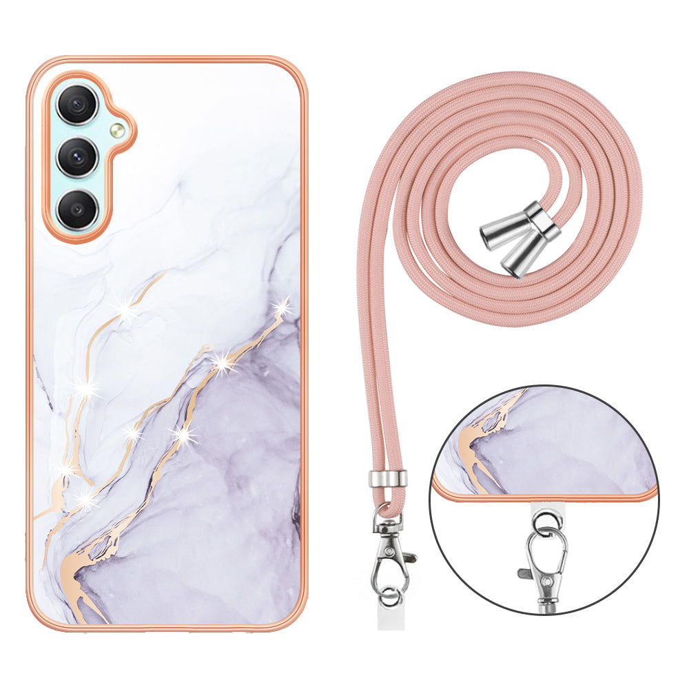 YB IMD Series-9 Marble Pattern Phone Case for Samsung Galaxy A24 4G IMD Electroplating TPU Cover with Lanyard - White 006