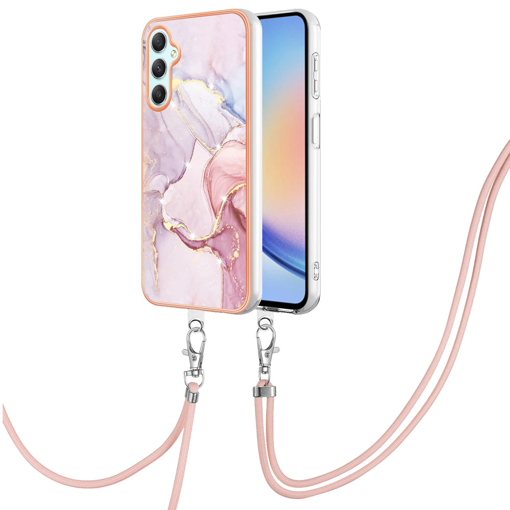 YB IMD Series-9 Marble Pattern Phone Case for Samsung Galaxy A24 4G IMD Electroplating TPU Cover with Lanyard - Rose Gold 005