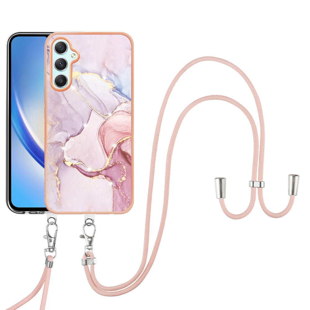 YB IMD Series-9 Marble Pattern Phone Case for Samsung Galaxy A24 4G IMD Electroplating TPU Cover with Lanyard - Rose Gold 005