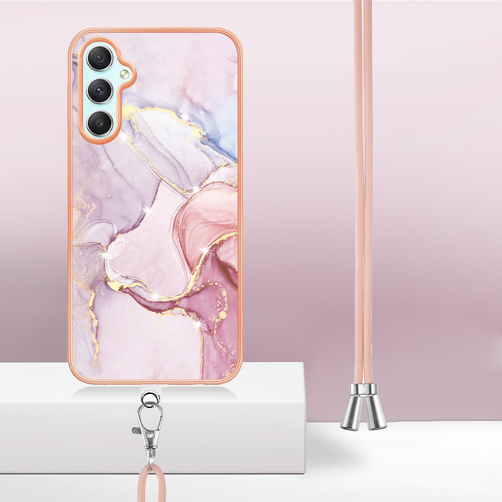 YB IMD Series-9 Marble Pattern Phone Case for Samsung Galaxy A24 4G IMD Electroplating TPU Cover with Lanyard - Rose Gold 005