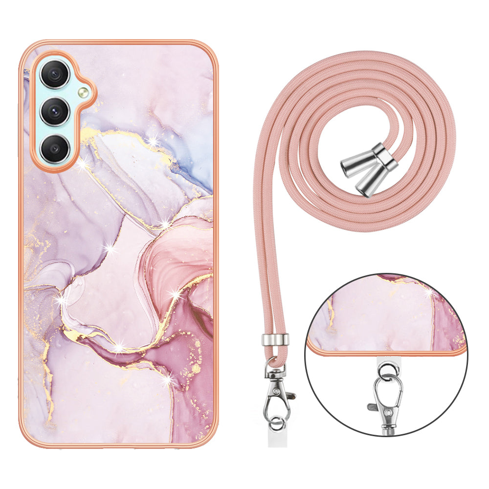 YB IMD Series-9 Marble Pattern Phone Case for Samsung Galaxy A24 4G IMD Electroplating TPU Cover with Lanyard - Rose Gold 005