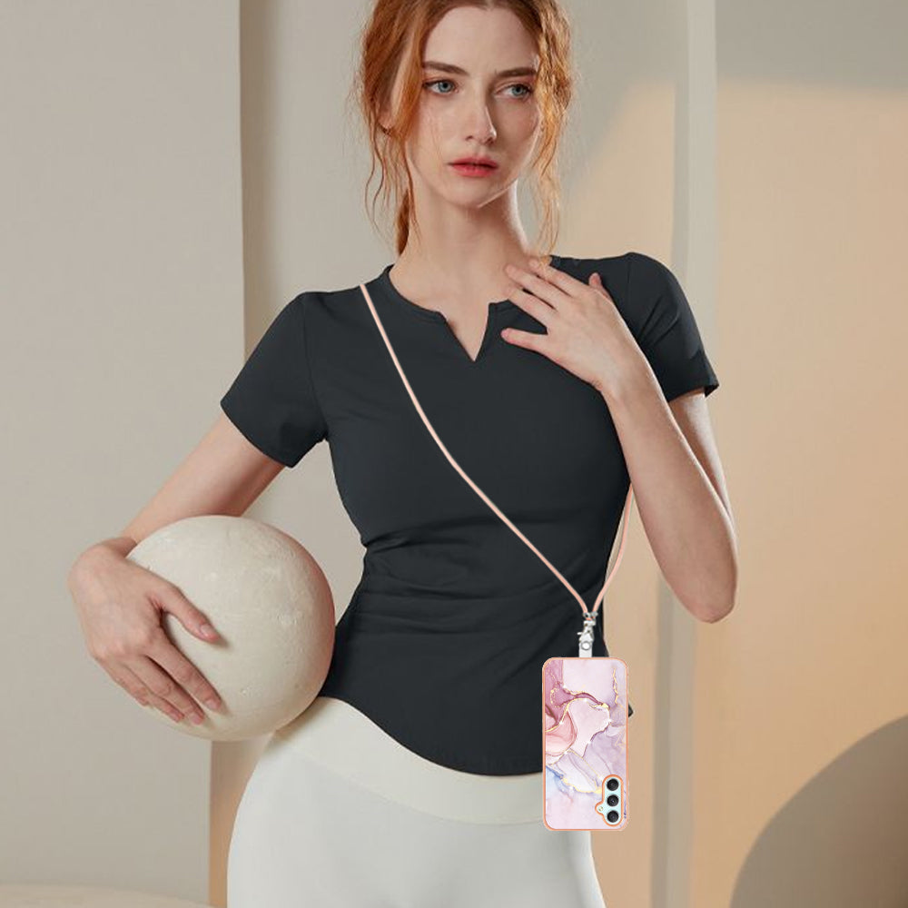 YB IMD Series-9 Marble Pattern Phone Case for Samsung Galaxy A24 4G IMD Electroplating TPU Cover with Lanyard - Rose Gold 005