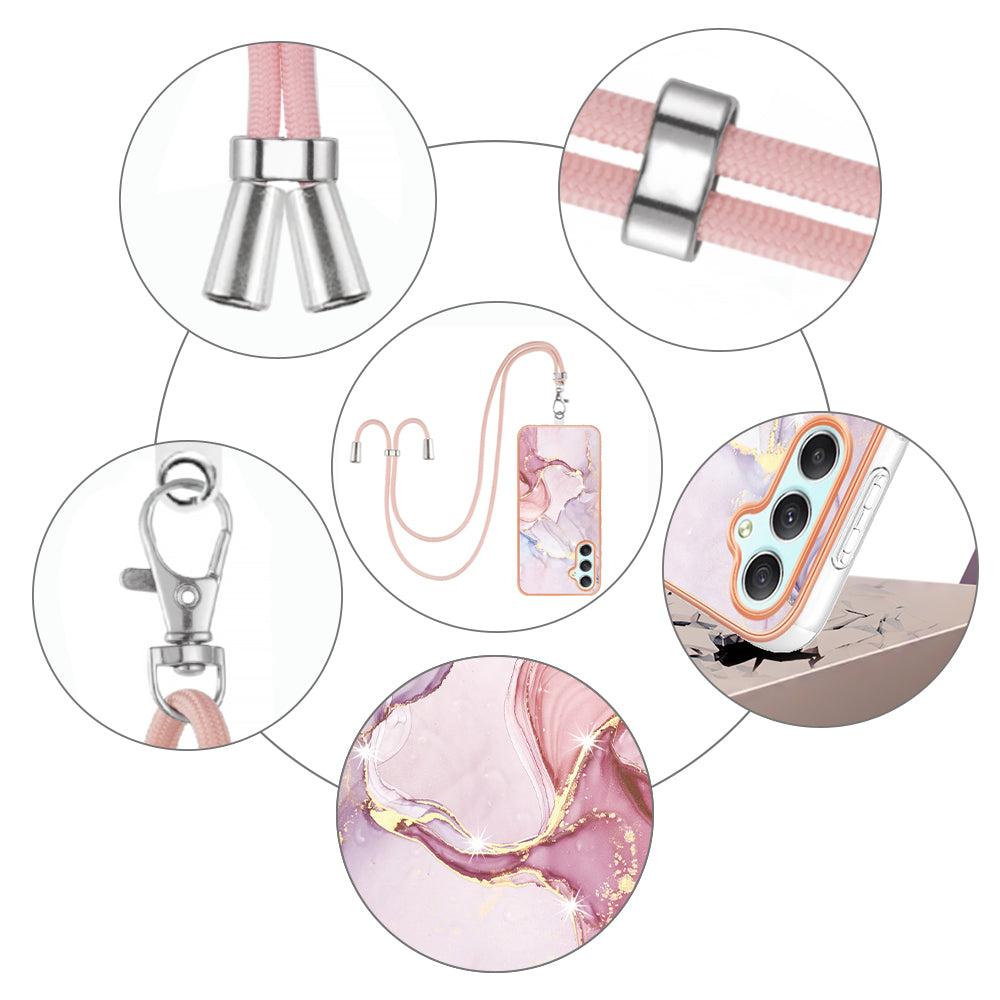 YB IMD Series-9 Marble Pattern Phone Case for Samsung Galaxy A24 4G IMD Electroplating TPU Cover with Lanyard - Rose Gold 005