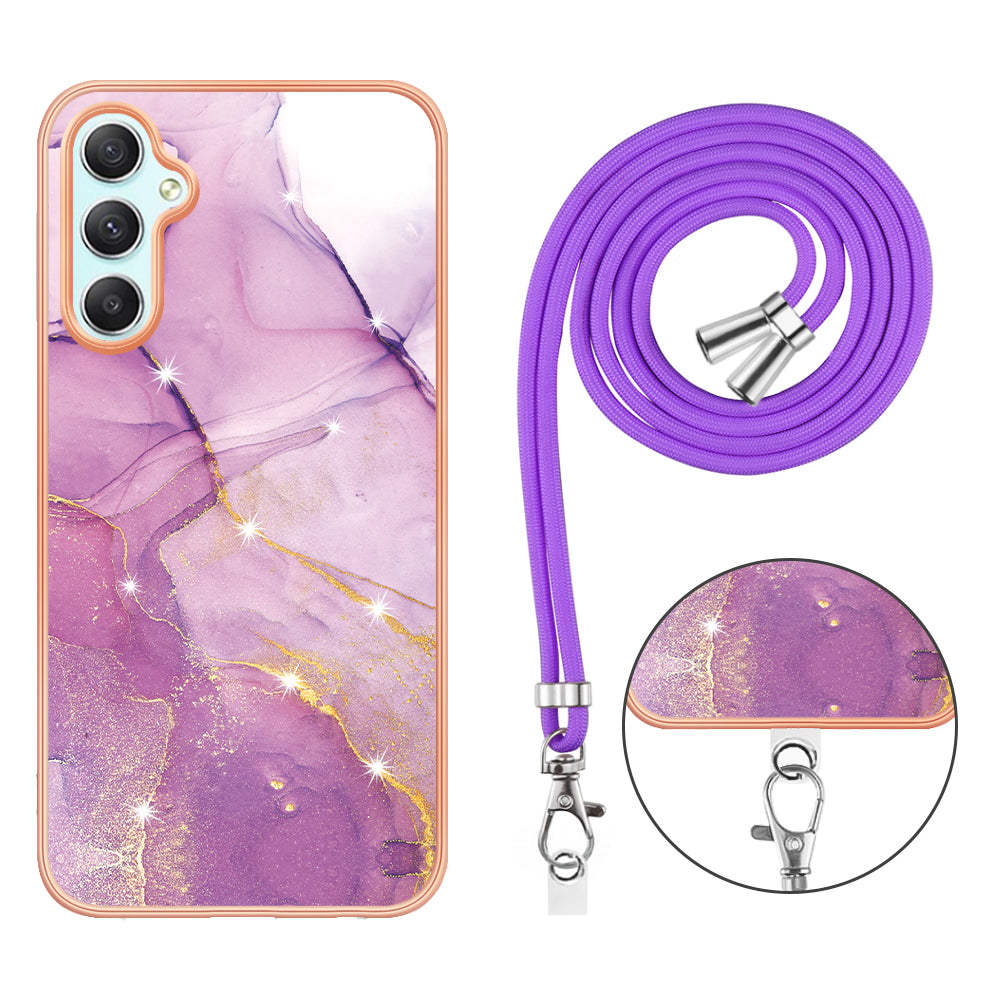 YB IMD Series-9 Marble Pattern Phone Case for Samsung Galaxy A24 4G IMD Electroplating TPU Cover with Lanyard - Purple 001