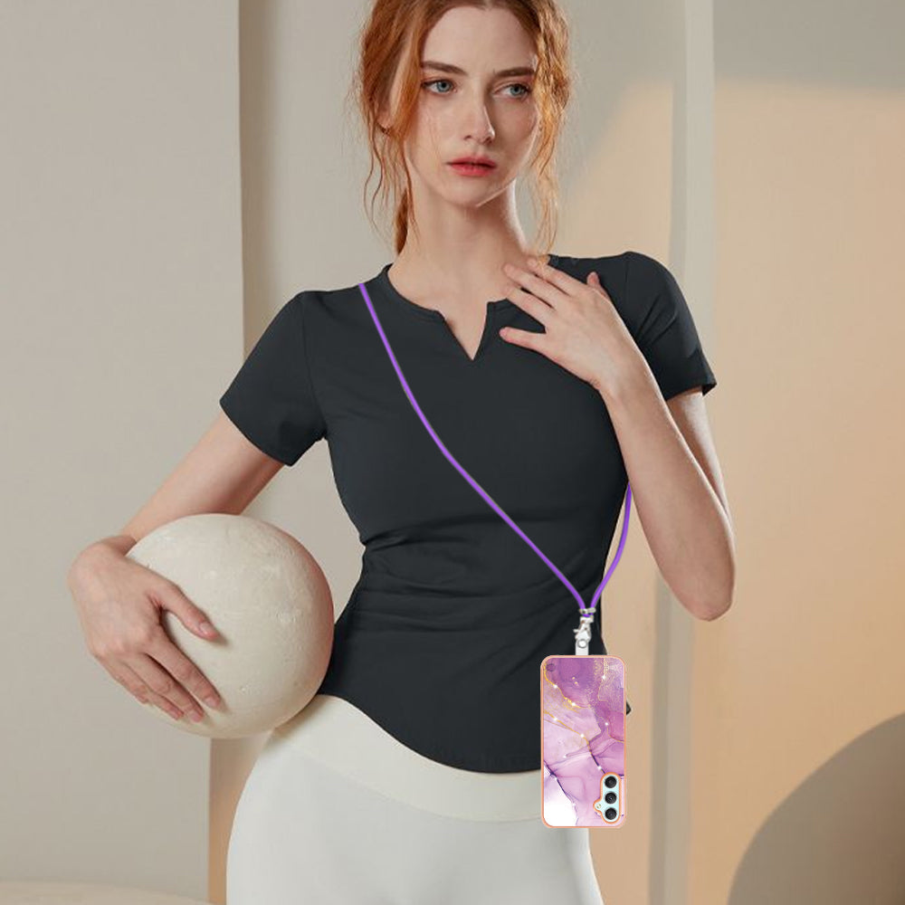 YB IMD Series-9 Marble Pattern Phone Case for Samsung Galaxy A24 4G IMD Electroplating TPU Cover with Lanyard - Purple 001