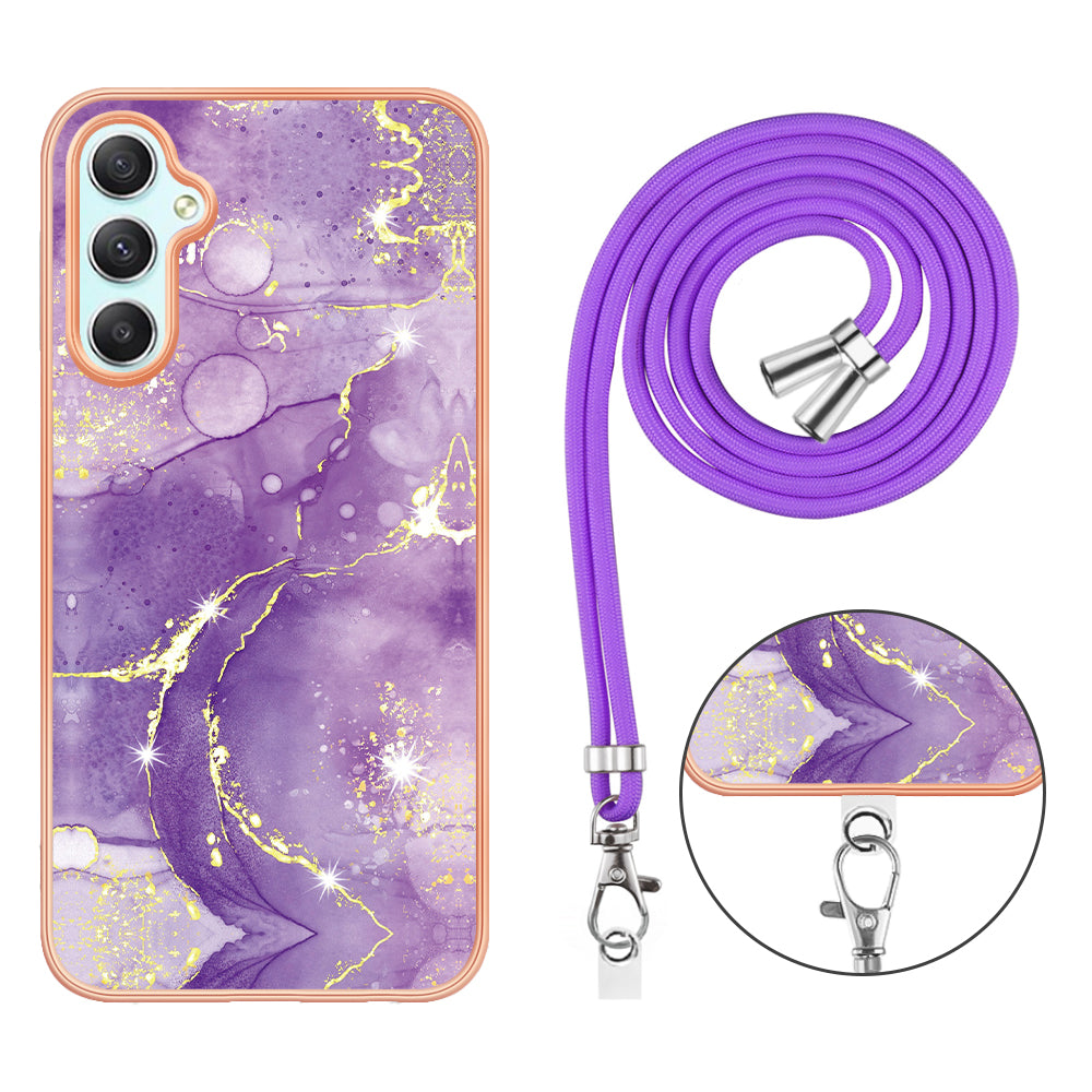 YB IMD Series-9 Marble Pattern Phone Case for Samsung Galaxy A24 4G IMD Electroplating TPU Cover with Lanyard - Purple 002