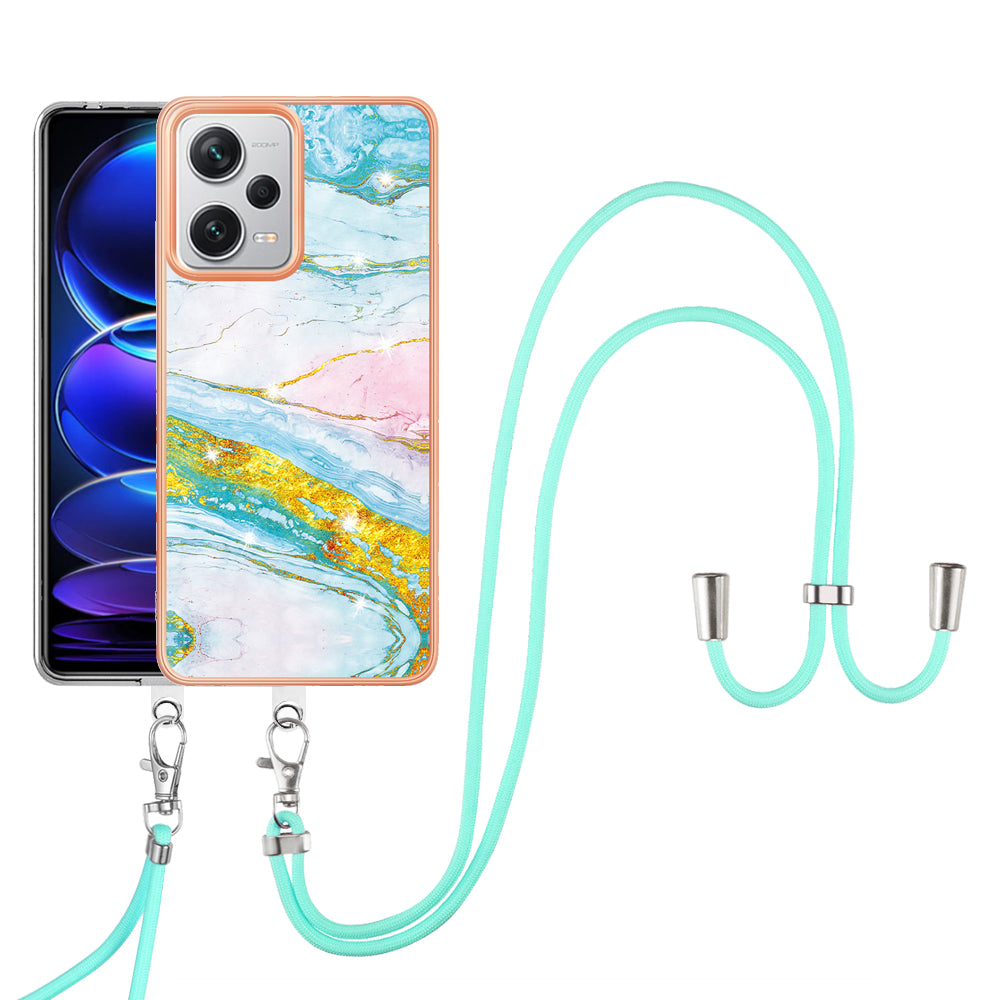 YB IMD Series-9 IMD TPU Phone Cover for Xiaomi Redmi Note 12 Pro+ 5G Electroplated Marble Pattern Phone Case with Lanyard - Green 004