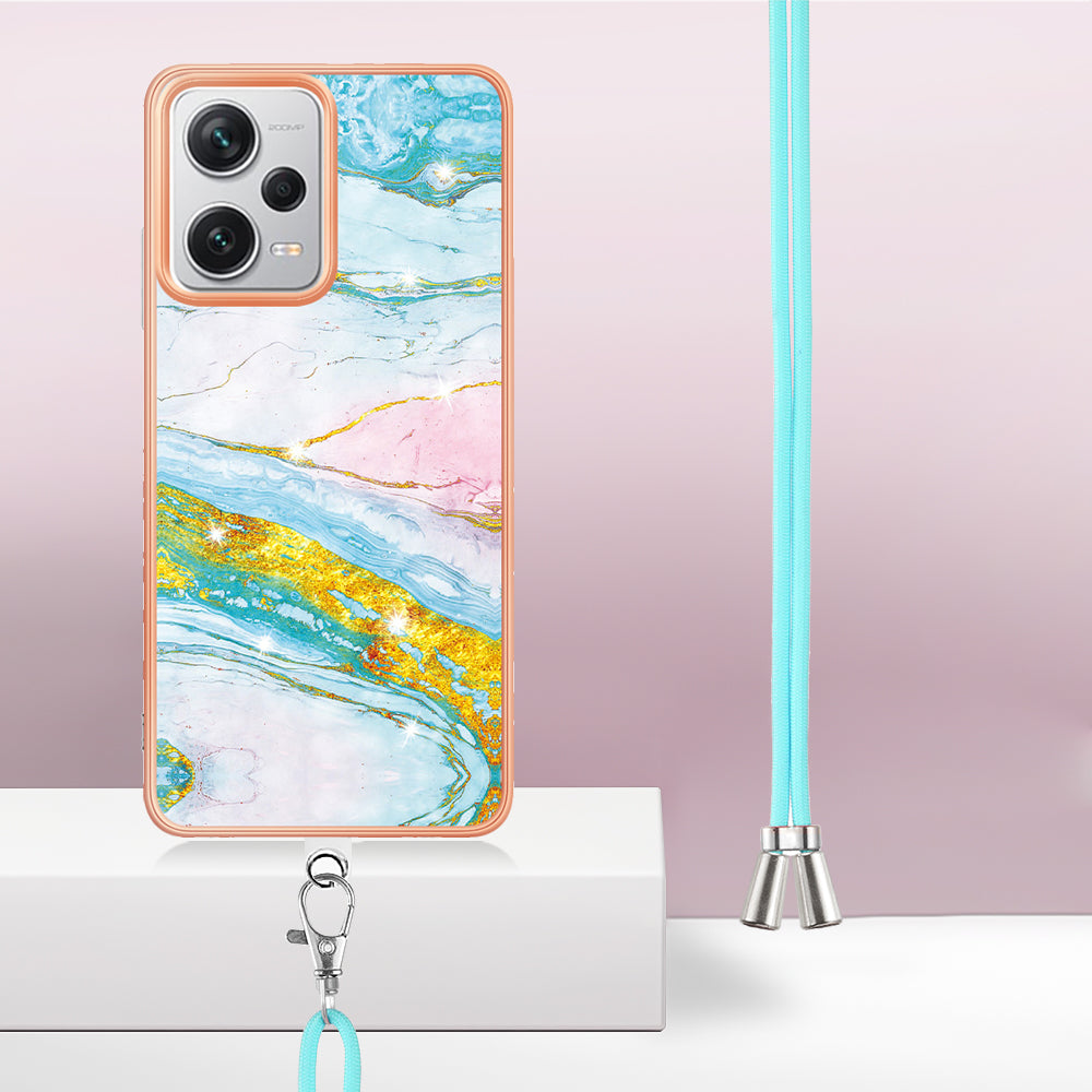 YB IMD Series-9 IMD TPU Phone Cover for Xiaomi Redmi Note 12 Pro+ 5G Electroplated Marble Pattern Phone Case with Lanyard - Green 004