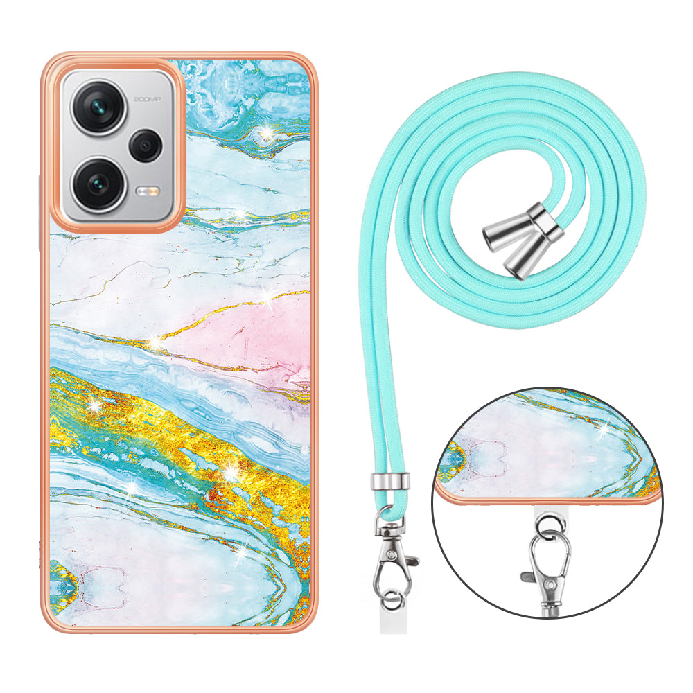 YB IMD Series-9 IMD TPU Phone Cover for Xiaomi Redmi Note 12 Pro+ 5G Electroplated Marble Pattern Phone Case with Lanyard - Green 004