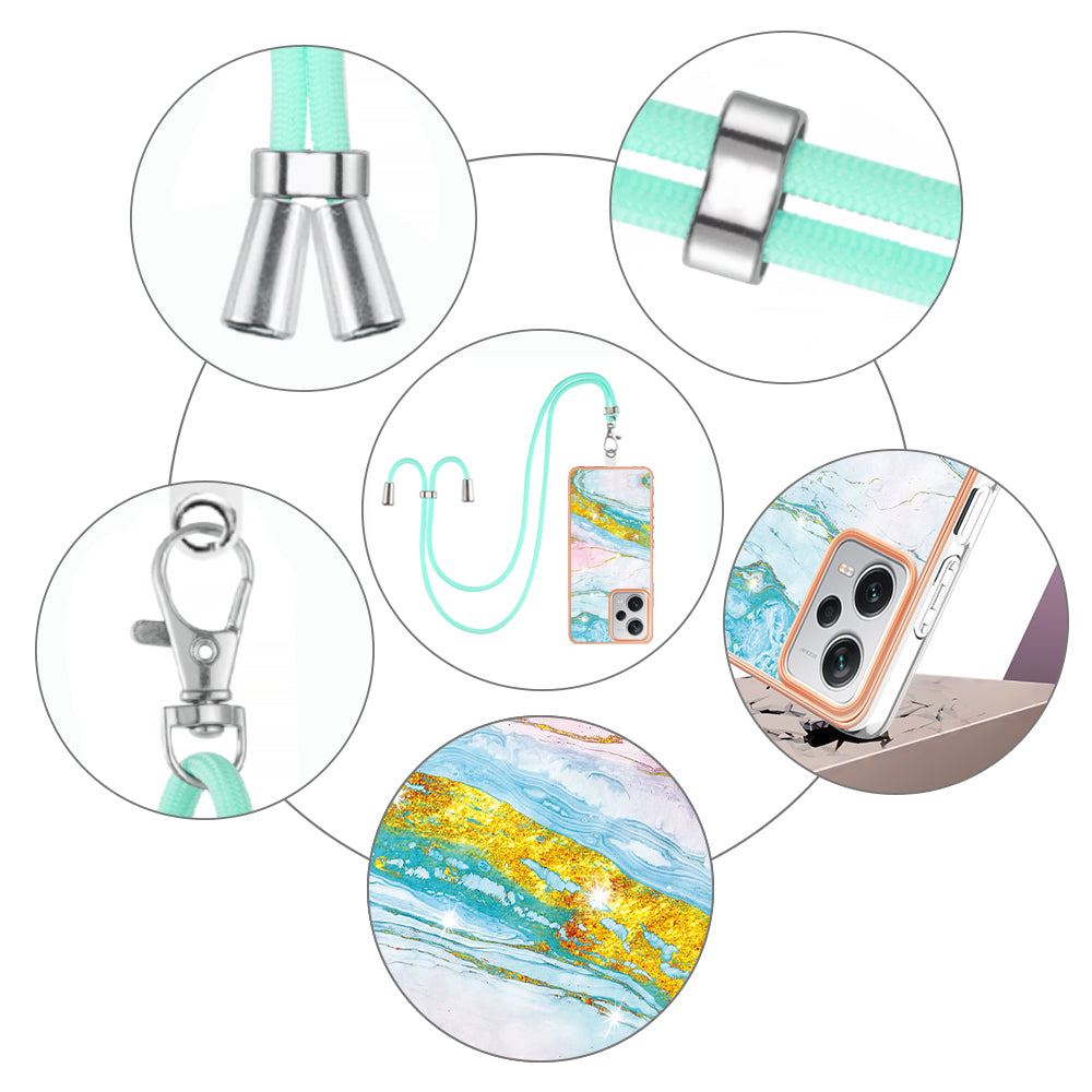 YB IMD Series-9 IMD TPU Phone Cover for Xiaomi Redmi Note 12 Pro+ 5G Electroplated Marble Pattern Phone Case with Lanyard - Green 004