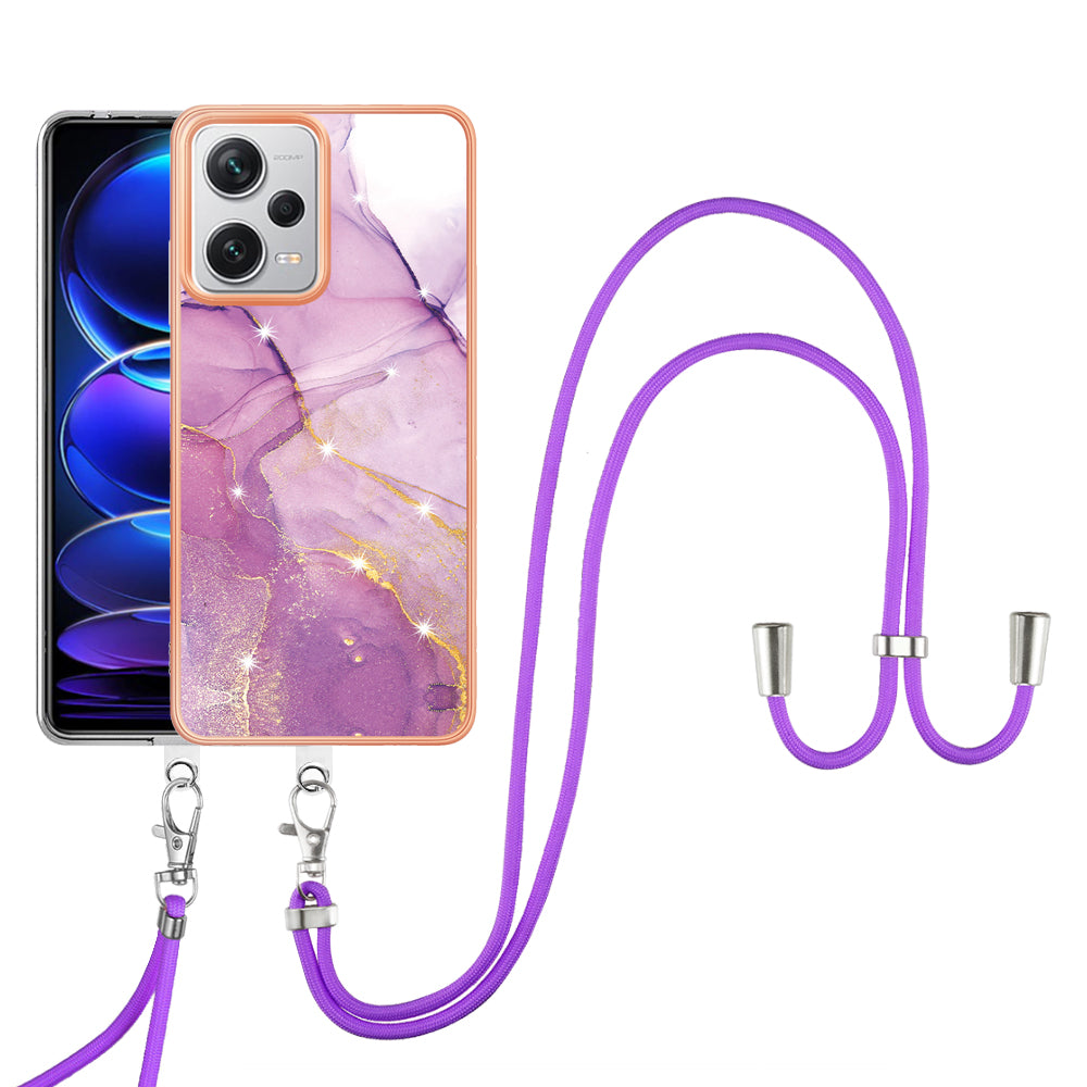 YB IMD Series-9 IMD TPU Phone Cover for Xiaomi Redmi Note 12 Pro+ 5G Electroplated Marble Pattern Phone Case with Lanyard - Purple 001