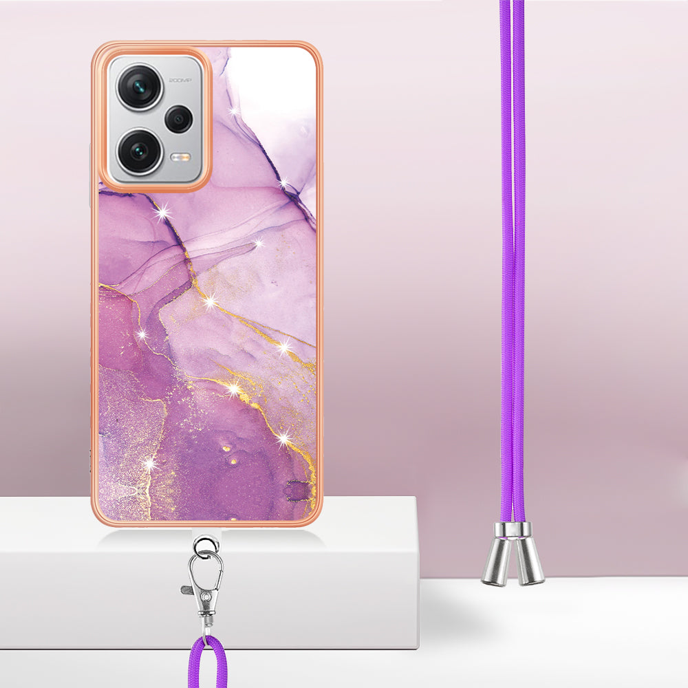 YB IMD Series-9 IMD TPU Phone Cover for Xiaomi Redmi Note 12 Pro+ 5G Electroplated Marble Pattern Phone Case with Lanyard - Purple 001