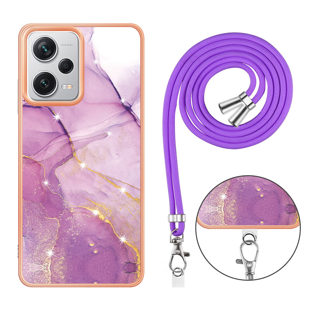 YB IMD Series-9 IMD TPU Phone Cover for Xiaomi Redmi Note 12 Pro+ 5G Electroplated Marble Pattern Phone Case with Lanyard - Purple 001