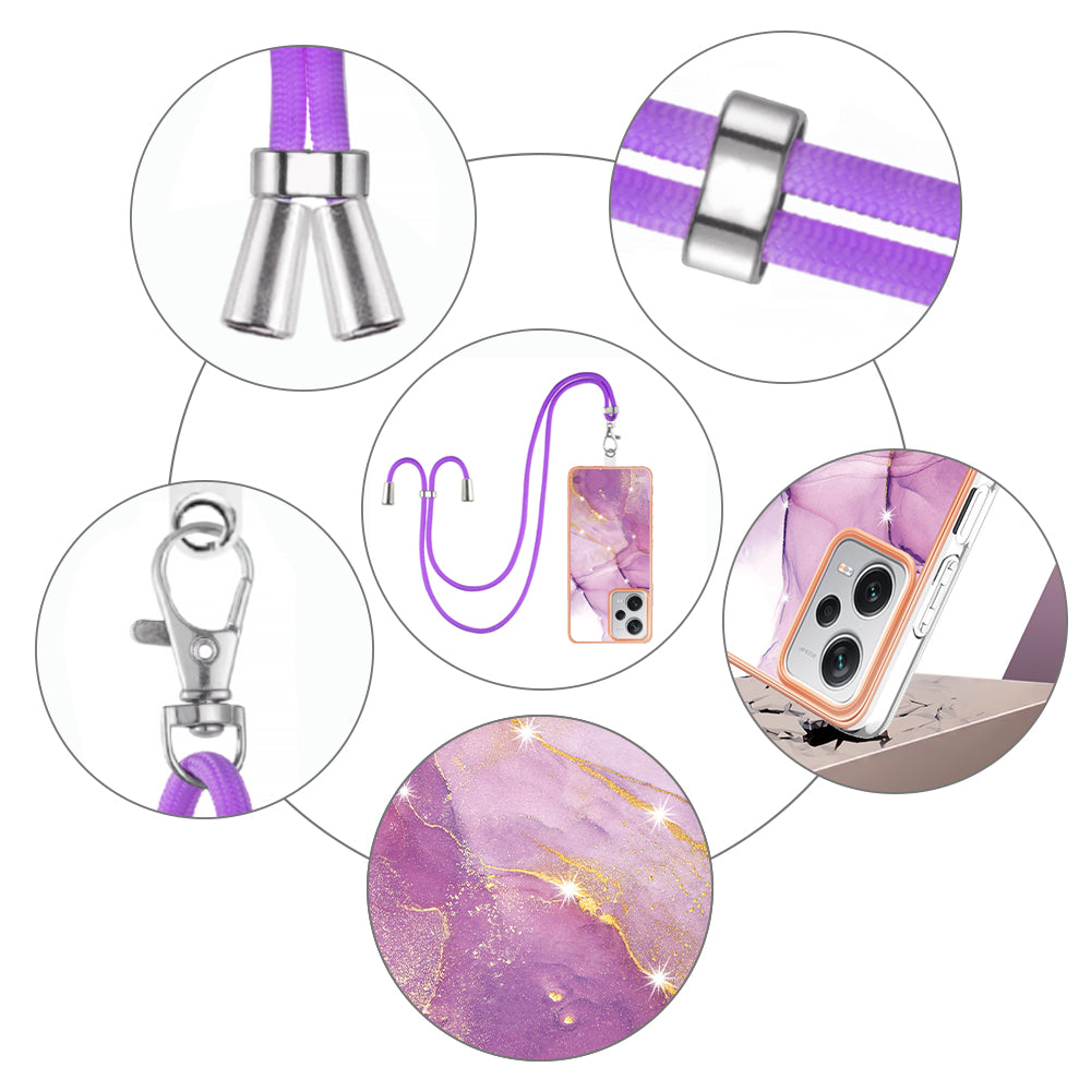 YB IMD Series-9 IMD TPU Phone Cover for Xiaomi Redmi Note 12 Pro+ 5G Electroplated Marble Pattern Phone Case with Lanyard - Purple 001