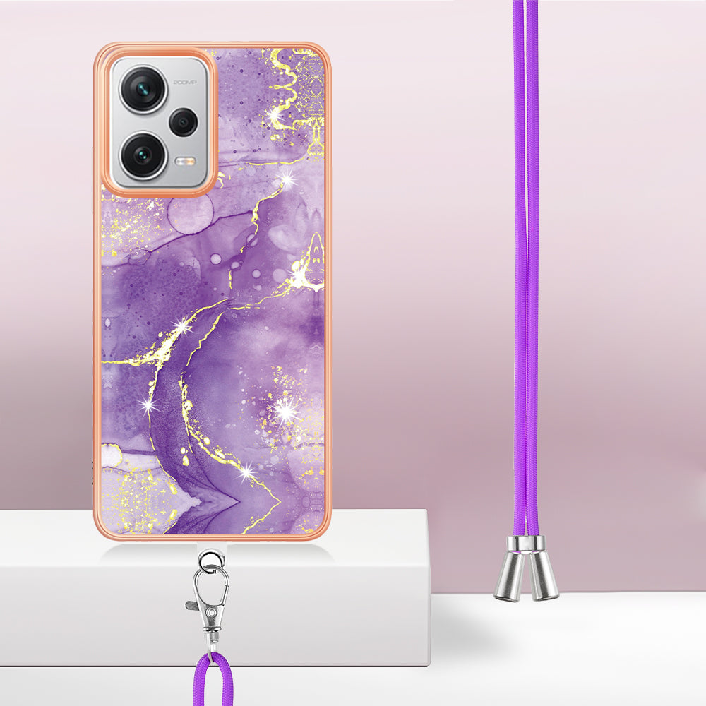 YB IMD Series-9 IMD TPU Phone Cover for Xiaomi Redmi Note 12 Pro+ 5G Electroplated Marble Pattern Phone Case with Lanyard - Purple 002