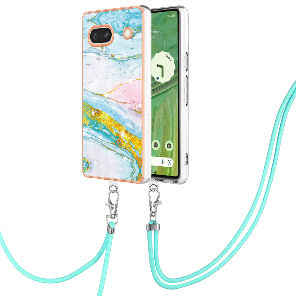 YB IMD Series-9 For Google Pixel 7a Marble Pattern IMD Phone Case Electroplated TPU Cover with Lanyard - Green 004