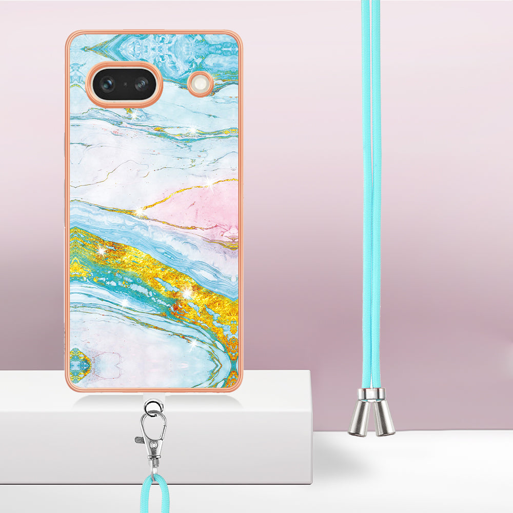 YB IMD Series-9 For Google Pixel 7a Marble Pattern IMD Phone Case Electroplated TPU Cover with Lanyard - Green 004