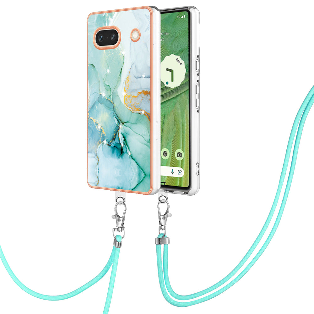 YB IMD Series-9 For Google Pixel 7a Marble Pattern IMD Phone Case Electroplated TPU Cover with Lanyard - Green 003