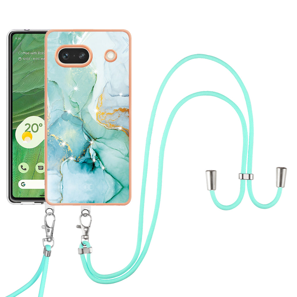 YB IMD Series-9 For Google Pixel 7a Marble Pattern IMD Phone Case Electroplated TPU Cover with Lanyard - Green 003