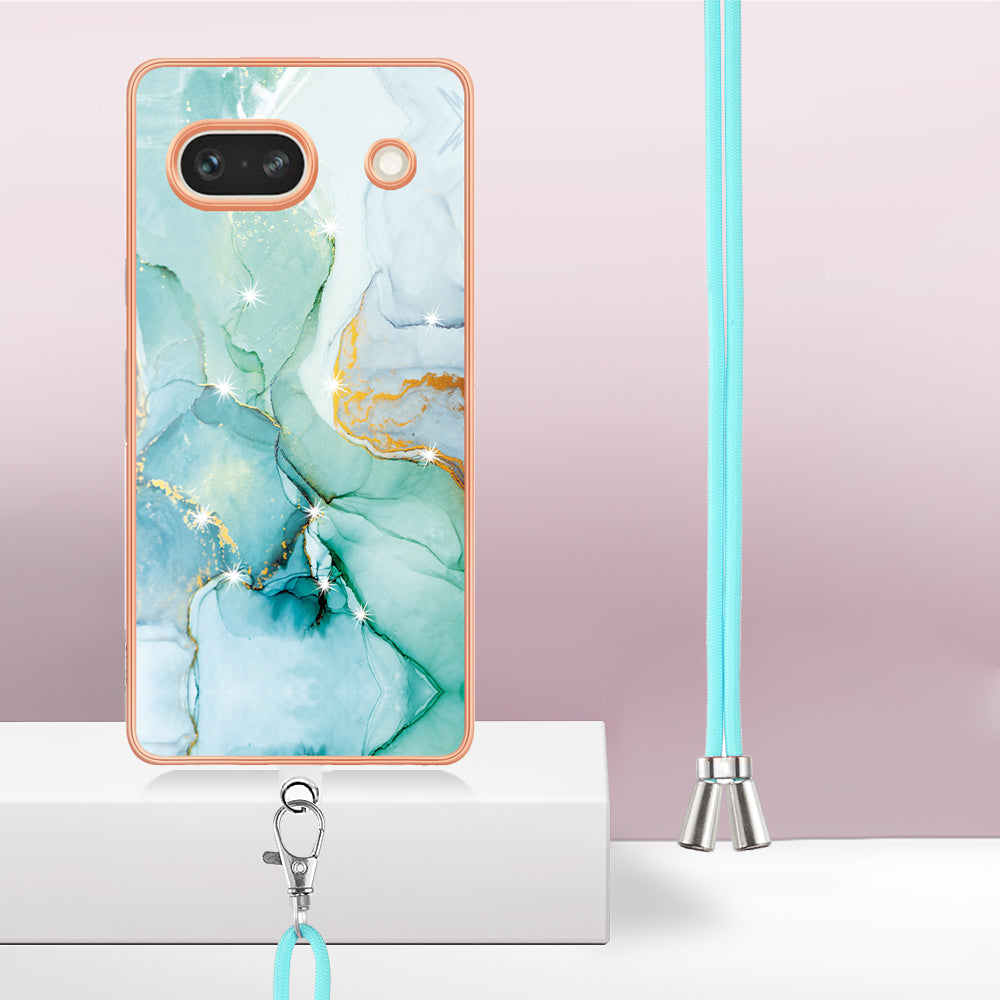 YB IMD Series-9 For Google Pixel 7a Marble Pattern IMD Phone Case Electroplated TPU Cover with Lanyard - Green 003