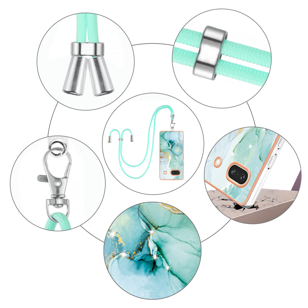 YB IMD Series-9 For Google Pixel 7a Marble Pattern IMD Phone Case Electroplated TPU Cover with Lanyard - Green 003