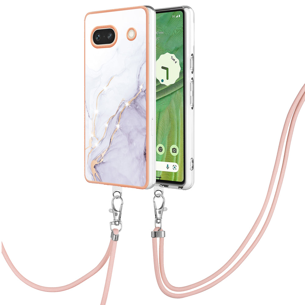 YB IMD Series-9 For Google Pixel 7a Marble Pattern IMD Phone Case Electroplated TPU Cover with Lanyard - White 006