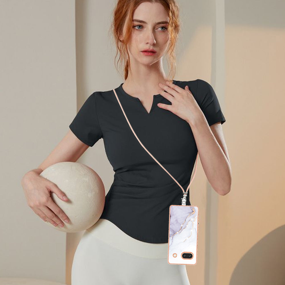 YB IMD Series-9 For Google Pixel 7a Marble Pattern IMD Phone Case Electroplated TPU Cover with Lanyard - White 006