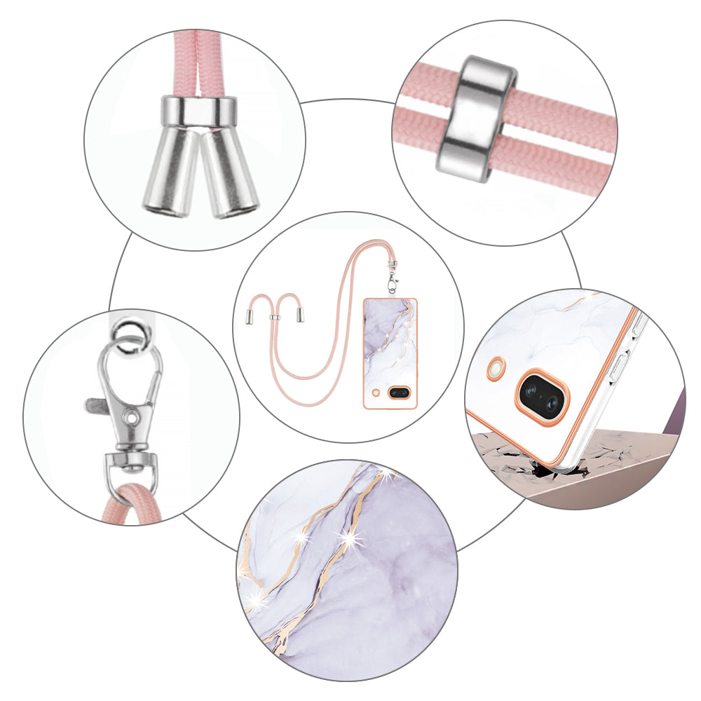 YB IMD Series-9 For Google Pixel 7a Marble Pattern IMD Phone Case Electroplated TPU Cover with Lanyard - White 006