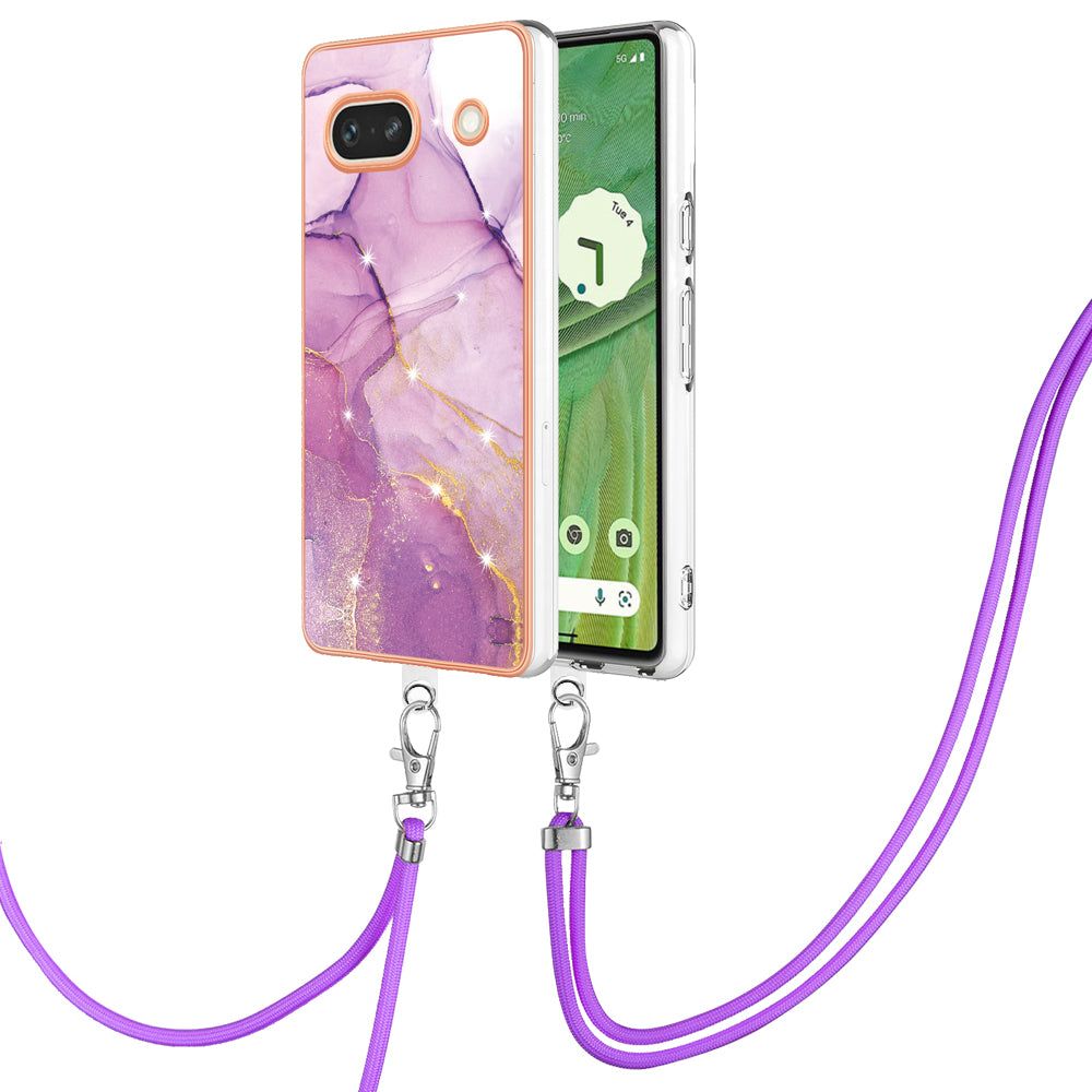 YB IMD Series-9 For Google Pixel 7a Marble Pattern IMD Phone Case Electroplated TPU Cover with Lanyard - Purple 001