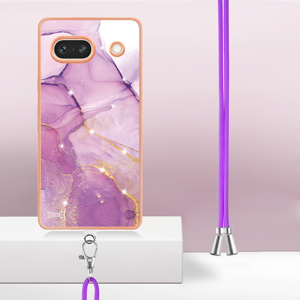 YB IMD Series-9 For Google Pixel 7a Marble Pattern IMD Phone Case Electroplated TPU Cover with Lanyard - Purple 001