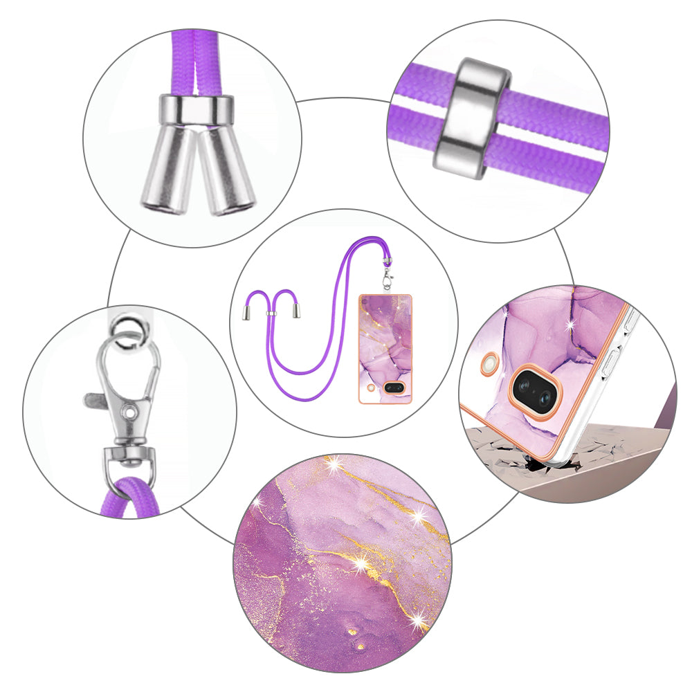 YB IMD Series-9 For Google Pixel 7a Marble Pattern IMD Phone Case Electroplated TPU Cover with Lanyard - Purple 001